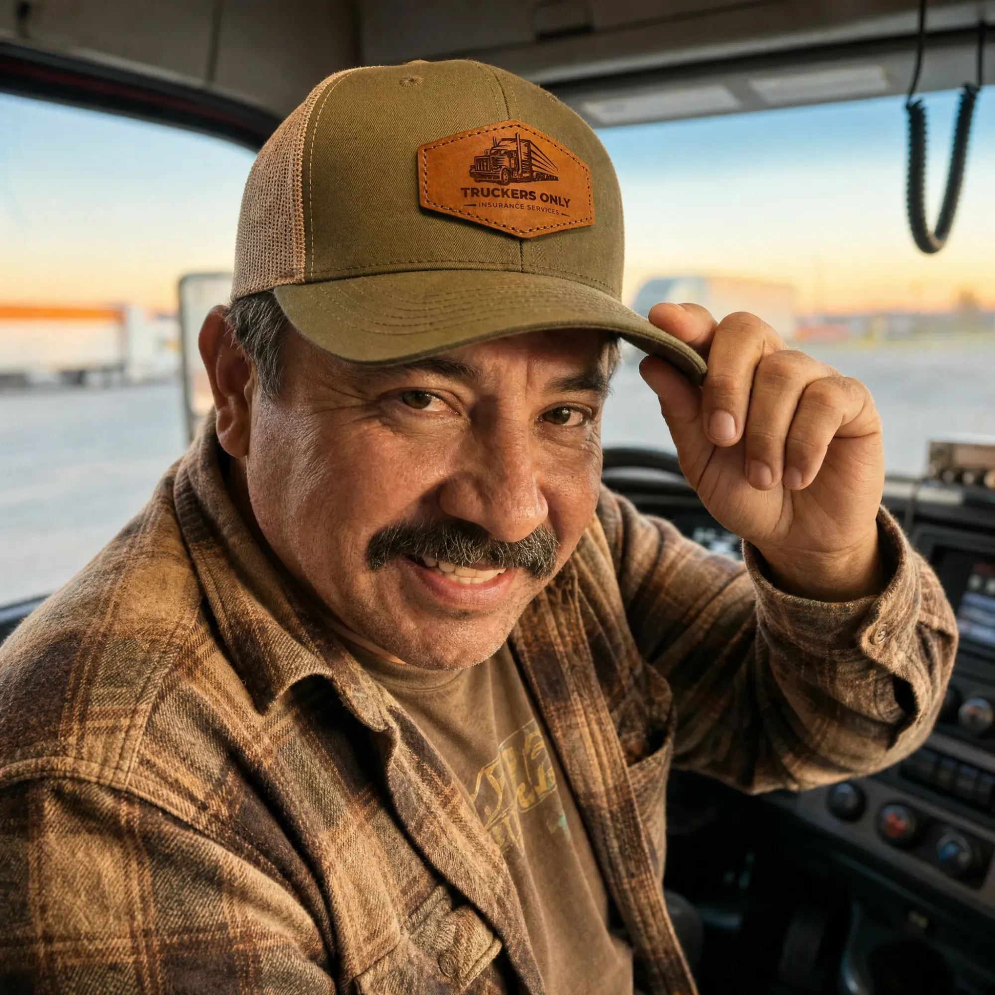 A driver in his cab tipping the brim of his 2026 Truckers Only cap